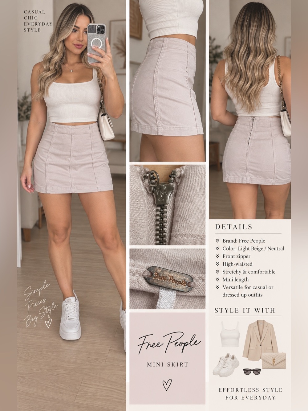 Free People Light Beige Mini Skirt — Neutral High-Waist Mini